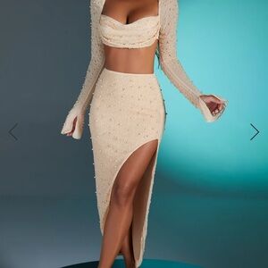 Oh Polly Asymmetrical Beige Skirt with Pearl Accents